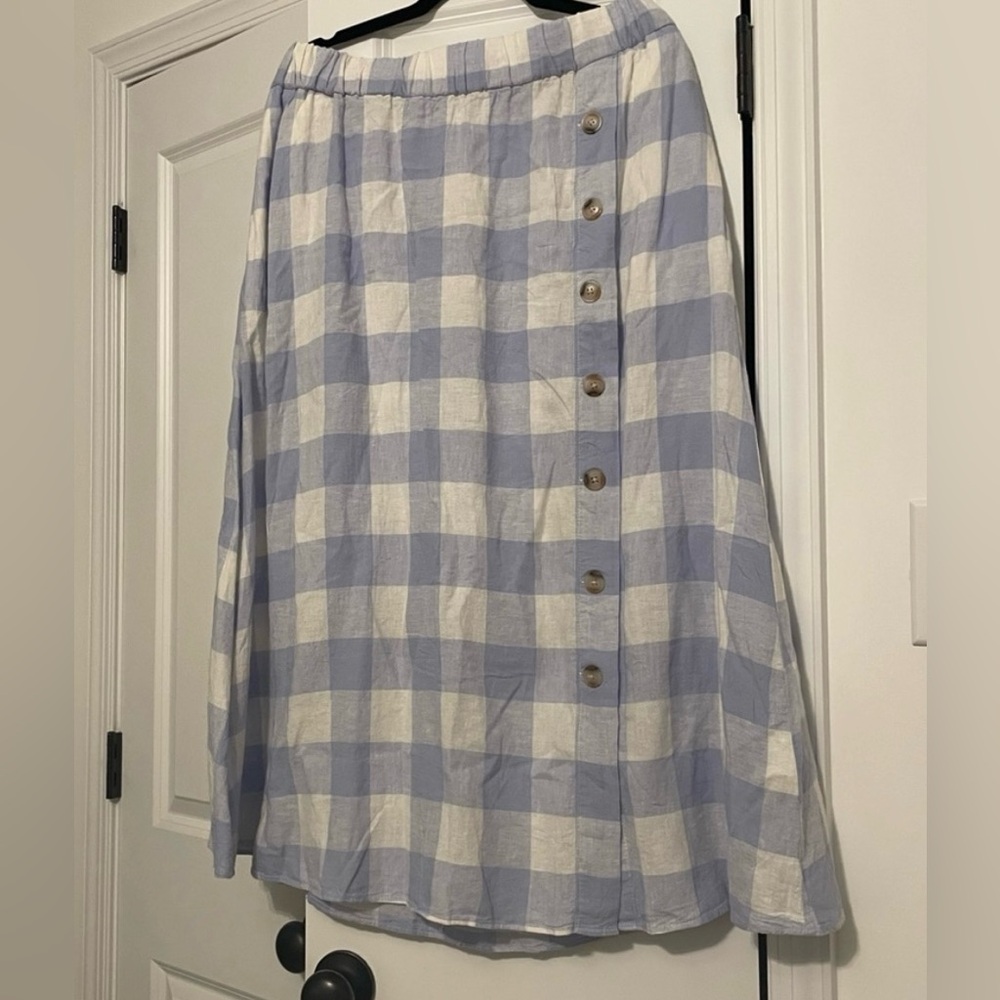 Madewell linen blend side button midi skirt gingham check